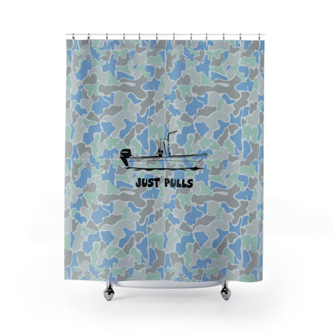 Camo Shower Curtain with Boat Design, Just Pulls, Unique Bathroom Decor, Fun Gifts for Fishing Lovers, Outdoor Theme